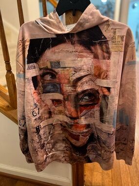 Abstract Collage Face Print Hoodie in Dusty Pink